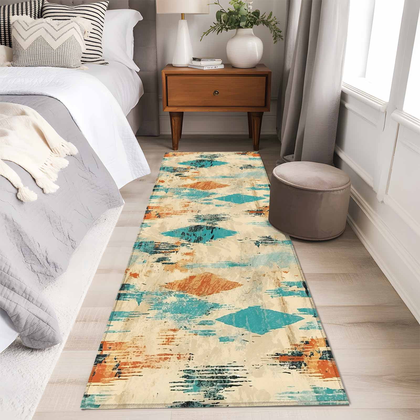 2'x6' Rug Runners for Hallways Kitchen, Orange Teal Red Non Slip Entryway Beside Floor Carpet Runner, Boho Modern Abstract Splashing Art Washable Laundry Room Bedroom Throw Rugs Mat for Family Pet