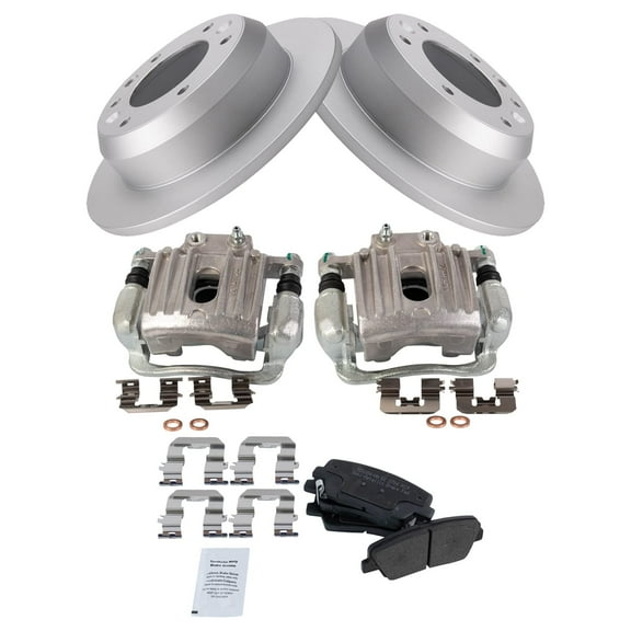 TRQ Rear Brake Pad & Rotor Kit Brake Caliper Brake Pads Brake Rotor Semi-Metallic Solid Premium G-Coated Fits Select 2007-2008 Hyundai Entourage