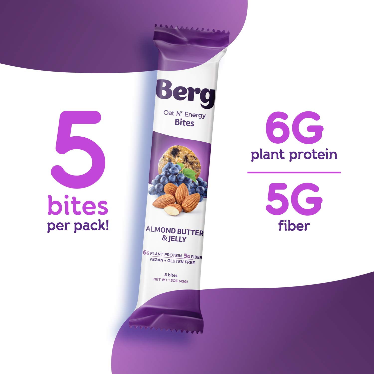 Berg Bites - Oat N' Energy Bites - Almond Butter & Jelly - Non-GMO, Gluten Free, Dairy Free, Soy Free and Vegan - Clean Energy Healthy Snack Bar - 1.5oz (8 Pack)