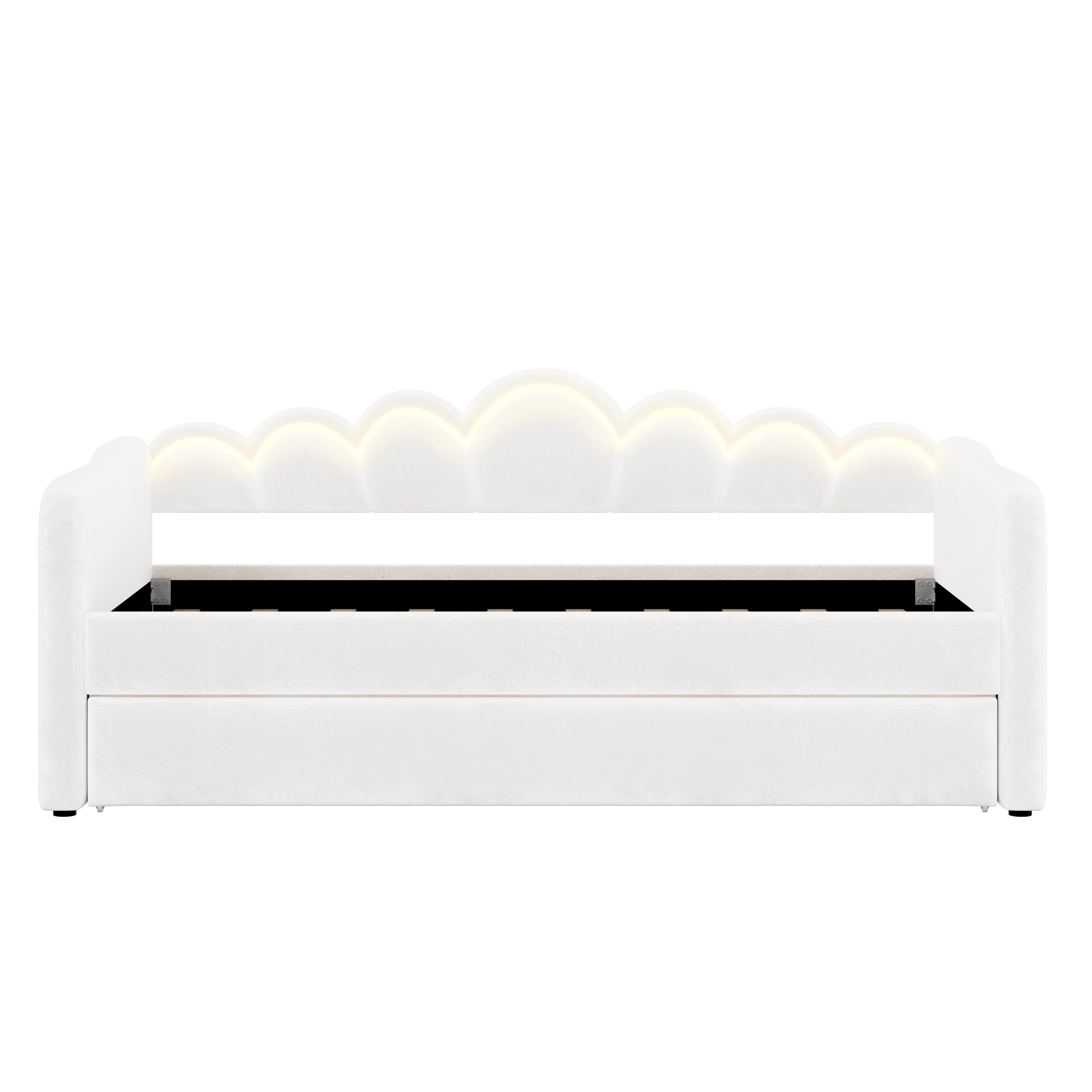 Euroco Upholstery Twin XL Daybed with Trundle and LED Light, Convertible Trundle Bed, White