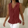thumbnail image 3 of cocolona Womens Summer Linen Tank Tops V Neck Sleeveless Tie Front Ruffle Button Shirts Trendy Casual Pleated Solid Color Blouses, 3 of 6