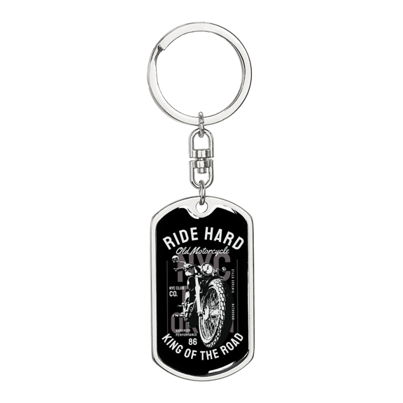 Ride Hard Biker Stainless Steel or 18k Gold Premium Swivel Dog Tag Keychain
