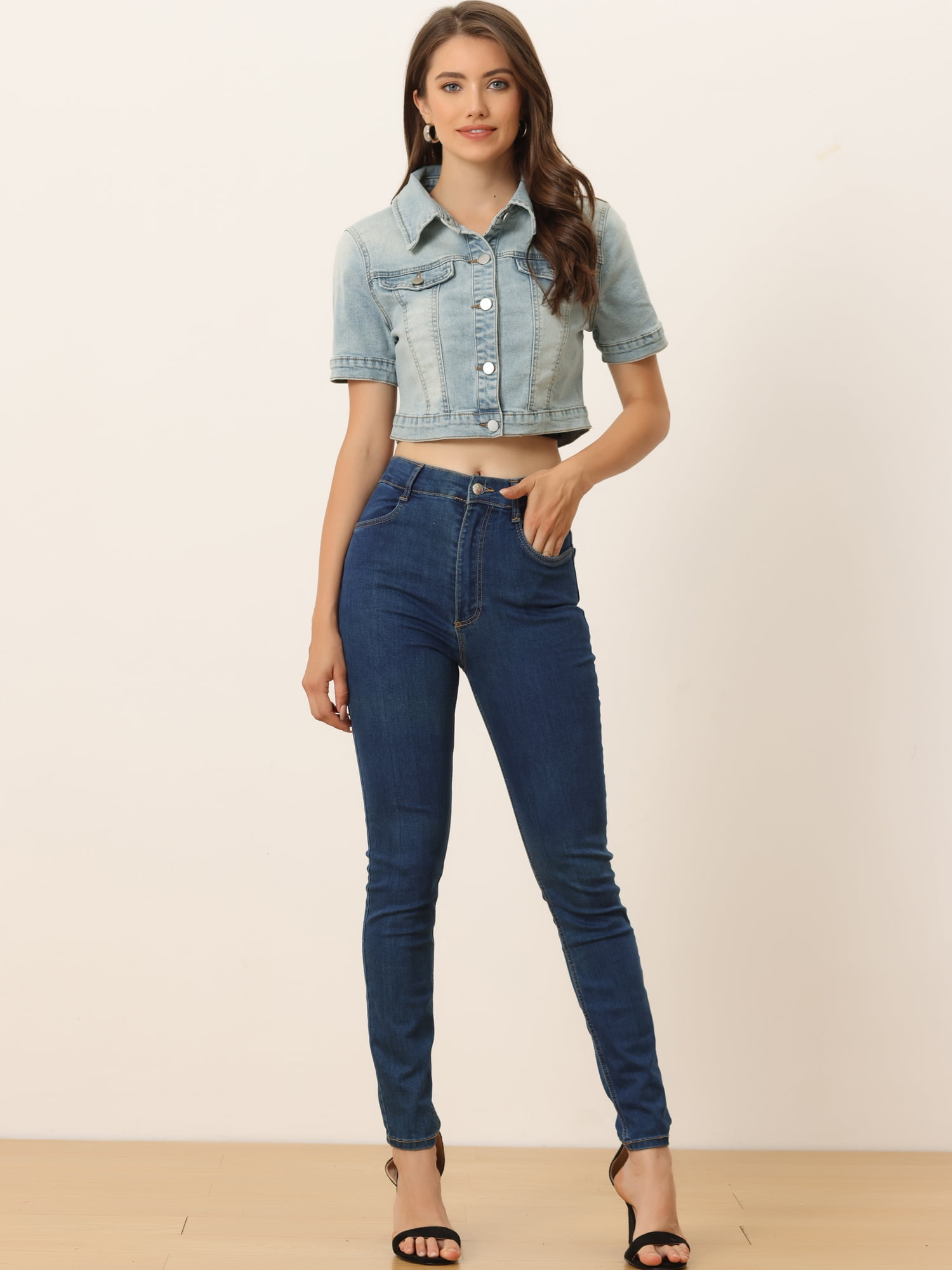DARING DIVA Women's Short Sleeves Crop Button Down Denim Jacket S Grey Blue