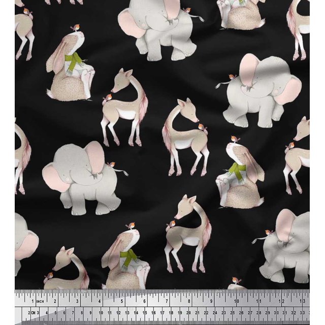 Soimoi Poly Georgette Fabric Deer,Elephant & Rabbit Kids Decor Fabric Printed Yard 42 Inch Wide