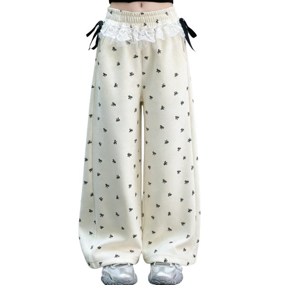 CPNG Girls Sweatpants Sweet Bow Print Elastic High Waist Wide Leg Baggy Pants with Lace Trim Loose Street Style Casual Pants