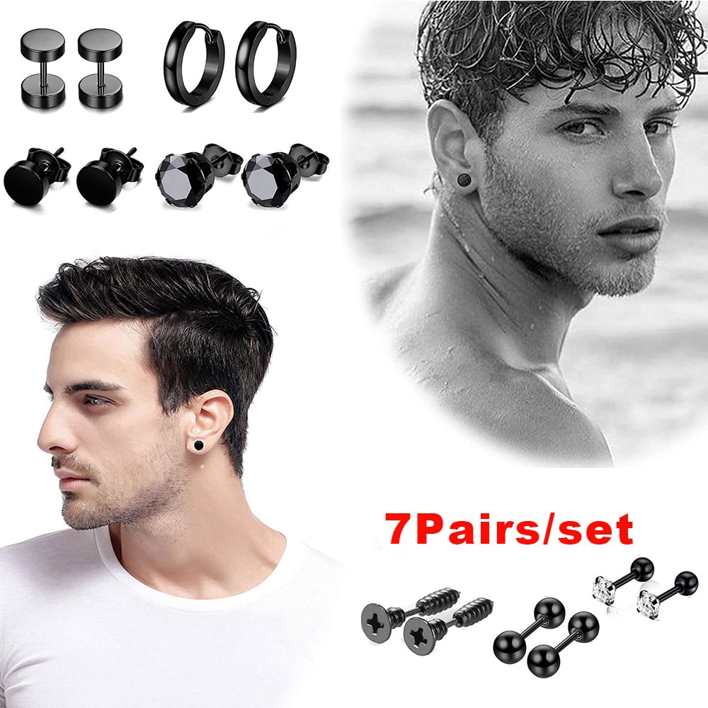 VONTER 7 Pairs/set Stainless Steel Stud Earrings for Men Hoop Earrings Piercing Black Dumbbell Stud Earring Set