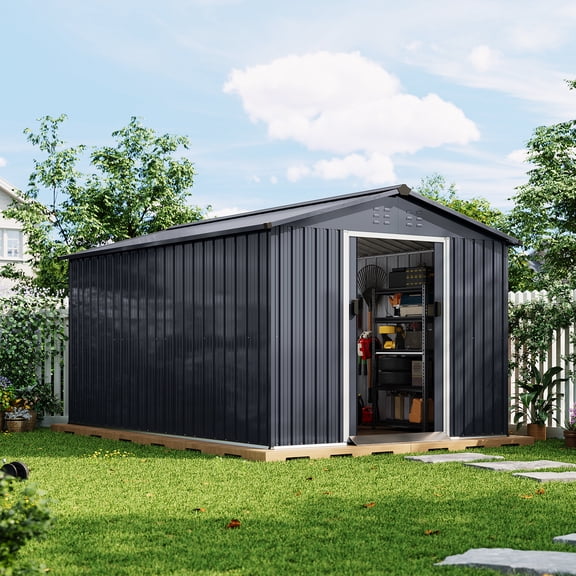 COZONY 8*12ft Metal Storage Shed, Galvanized Steel Weatherproof Tool Shed with Lockable Door for Lawn Mower Bike Garden,Dark Gray