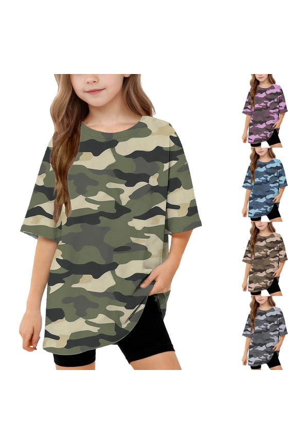 Girls Camouflage Print T-Shirt Loose Fitting Short Sleeve Top for Kids Casual Summer Tee, Sizes 10-11 Years