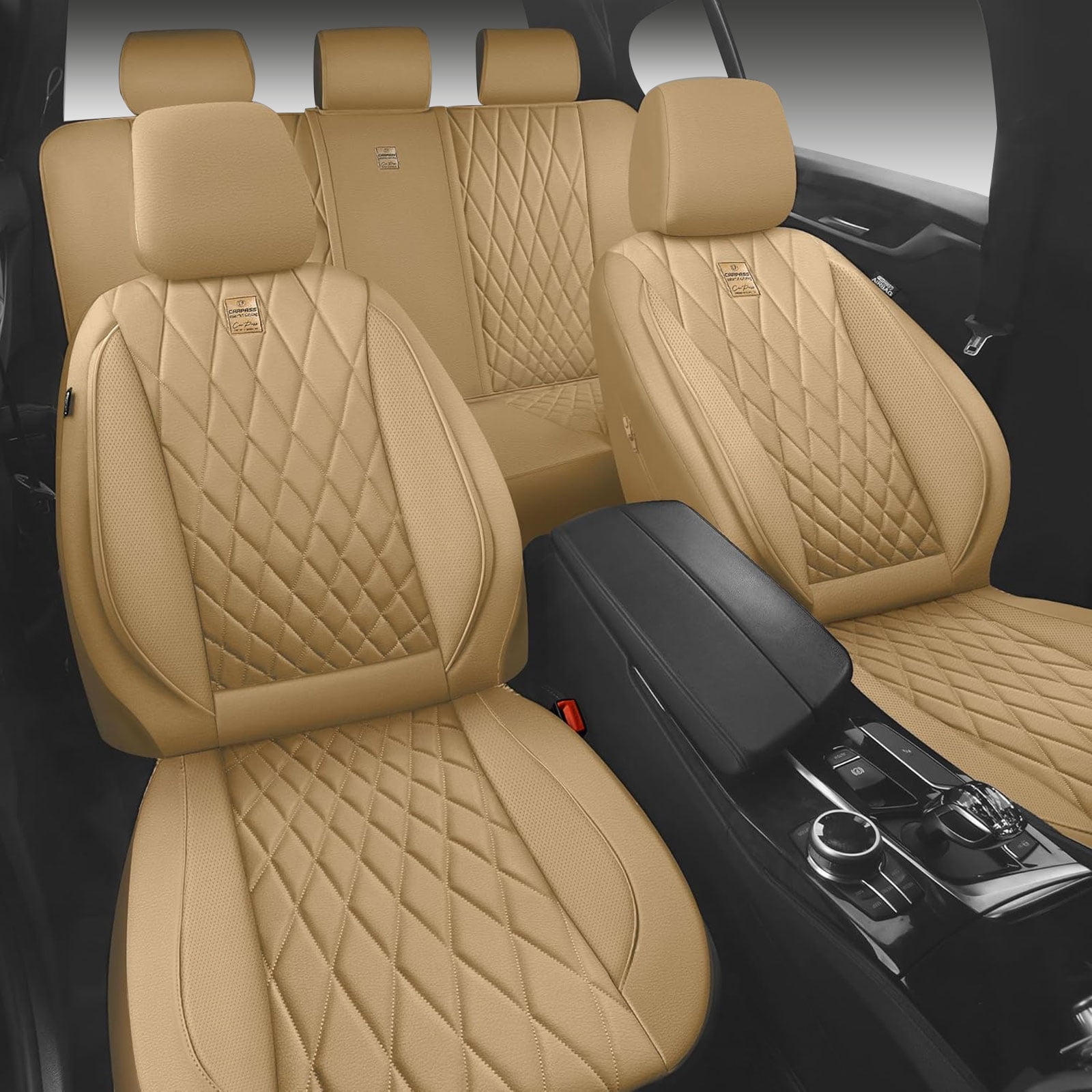 CAR GRAND Piping Luxury Faux PU leather Full Set Car Seat Covers Water Proof Armrest Airbag Compatible Universal Fit SUV VAN Truck All beige