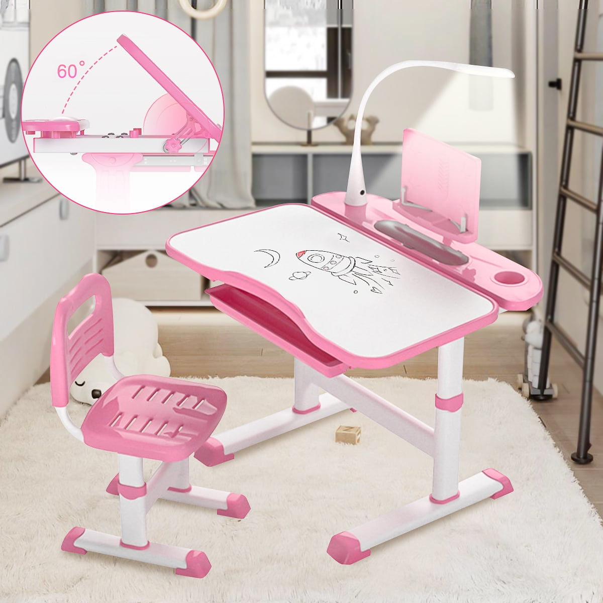 Details about   Kids Ergonomic Study Desk & Chair Set Height Adjustable Writing Table Tilt Pink 