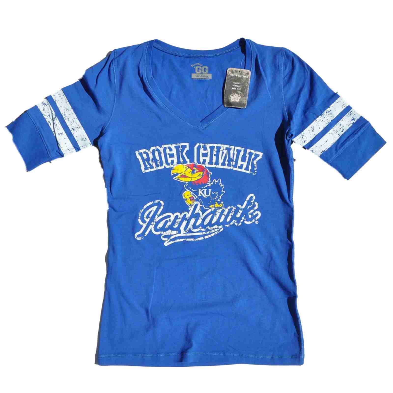 Kansas Jayhawks Glitter Gear Women Blue Pep Rally 1 2 Sleeve Long V-Neck T-Shirt by