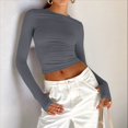 thumbnail image 4 of Tops Cortos Ajustados para Mujer para Salir, Informales, de Color Liso, con Cuello Redondo, Larga, Ajustados, Ropa de Calle Básica Gris L, 4 of 8