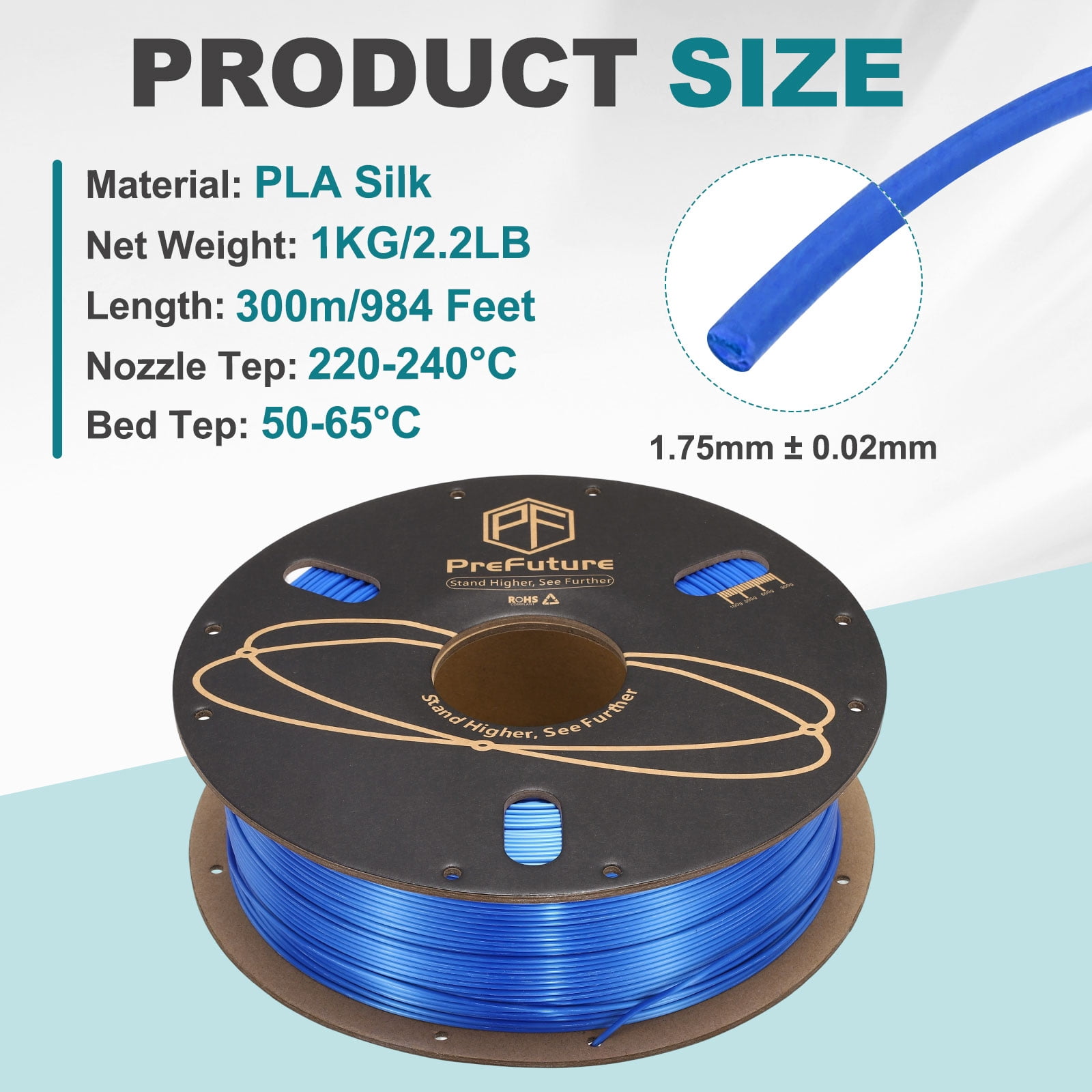 Uxcell Silk PLA Filament 1.75mm 1KG/2.2LB High Shine 3D Printer Filament, Enhanced Toughness, Dimensional Accuracy +/- 0.02mm for 3D Printer, Blue