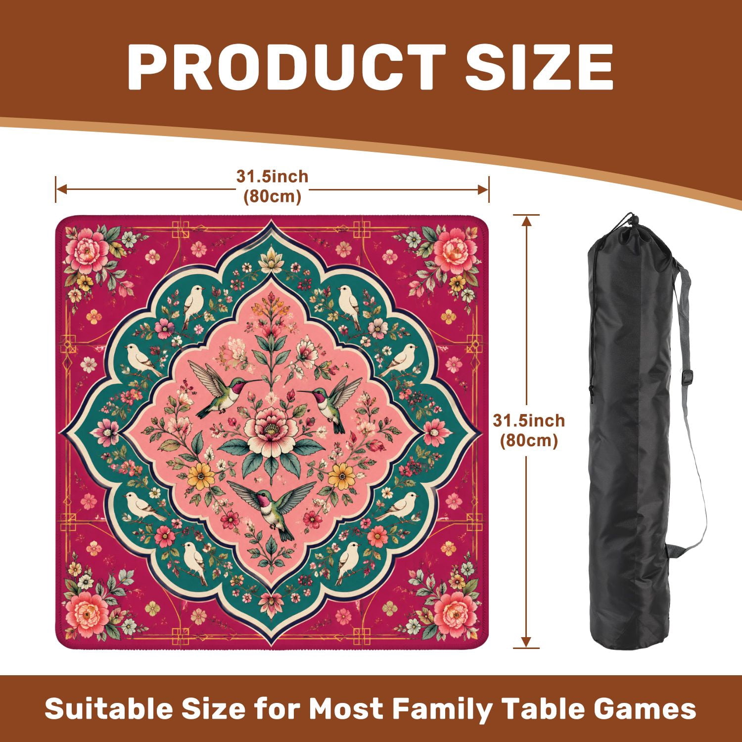 Mahjong Mat 31.5" x 31.5" Floral Bird Pink Green Non-Slip Noise Reduction Mahjong Tiles Table Cover for Dominoes Poker Card Board and Tile Games