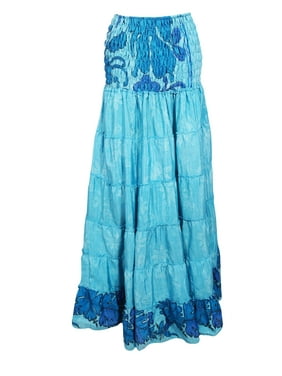 Mogul Women Sea Blue Floral Print 2 in 1 Recycled Sari Bohemian Beach Maxi Skirt Dresses S/M