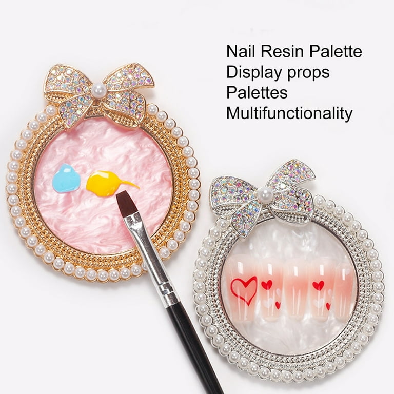 Nail Art Palette Bow-knot Ornament Sparkling Surface High Durability Easy  to Clean Resin Imitation Pearl Trim Display Tray Gel Mix Palette for Nail