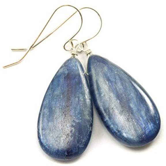 Sterling Silver Kyanite Earrings Deep Blue Large Fat Smooth Wide Teardrop Dangle Drops Designed for Adult Women