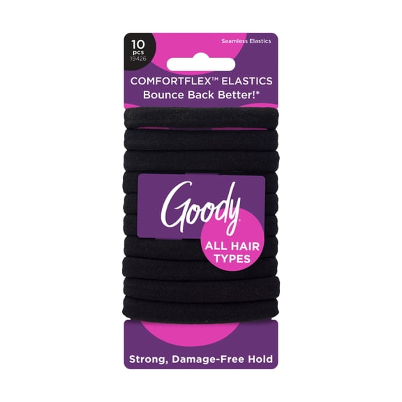 Goody ComfortFlex Black Seamless Hair Elastics, Ouchless Hold, No-Slip Grip, No Snag, For All Hair Types, 10 Count