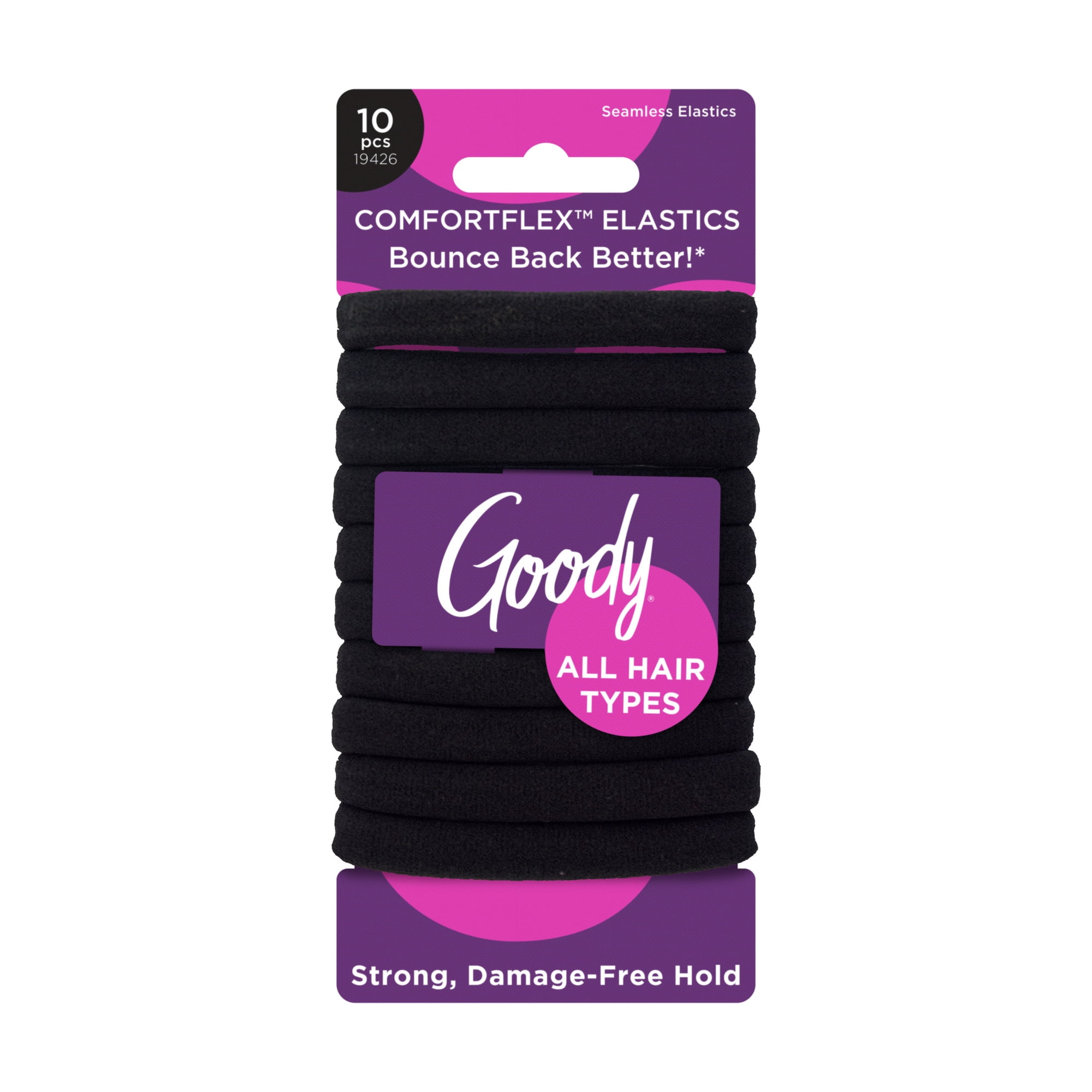 Goody ComfortFlex Black Seamless Hair Elastics, Ouchless Hold, No-Slip Grip, No Snag, For All Hair Types, 10 Count