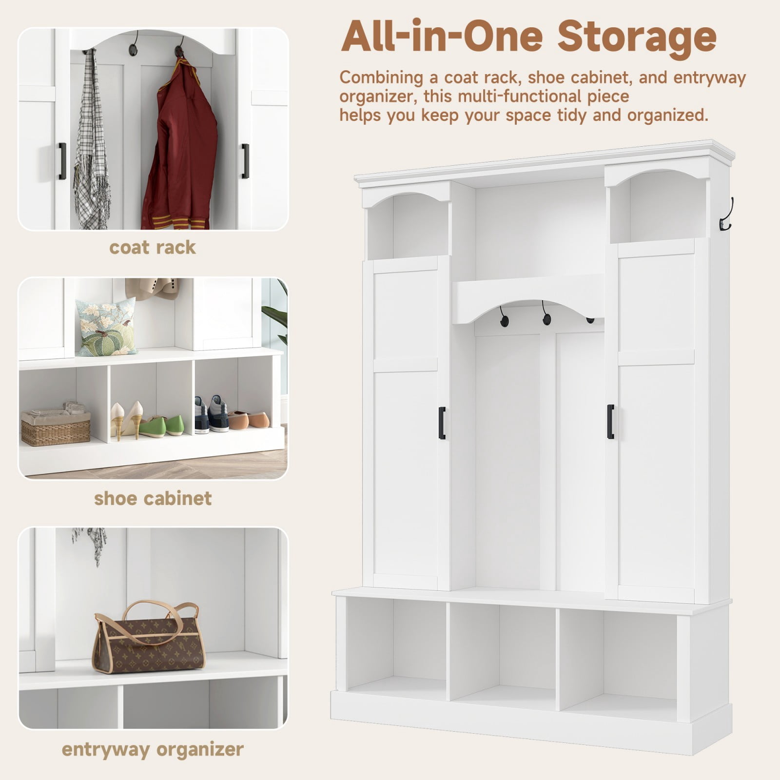 Modern Farmhouse Entryway Hall Tree with Bench, All-in-One Coat Rack Shoe Storage with 2 Side Cabinets, Adjustable Shelves & 7 Hooks, Arched Hallway Organizer for Mudroom Entryway, White