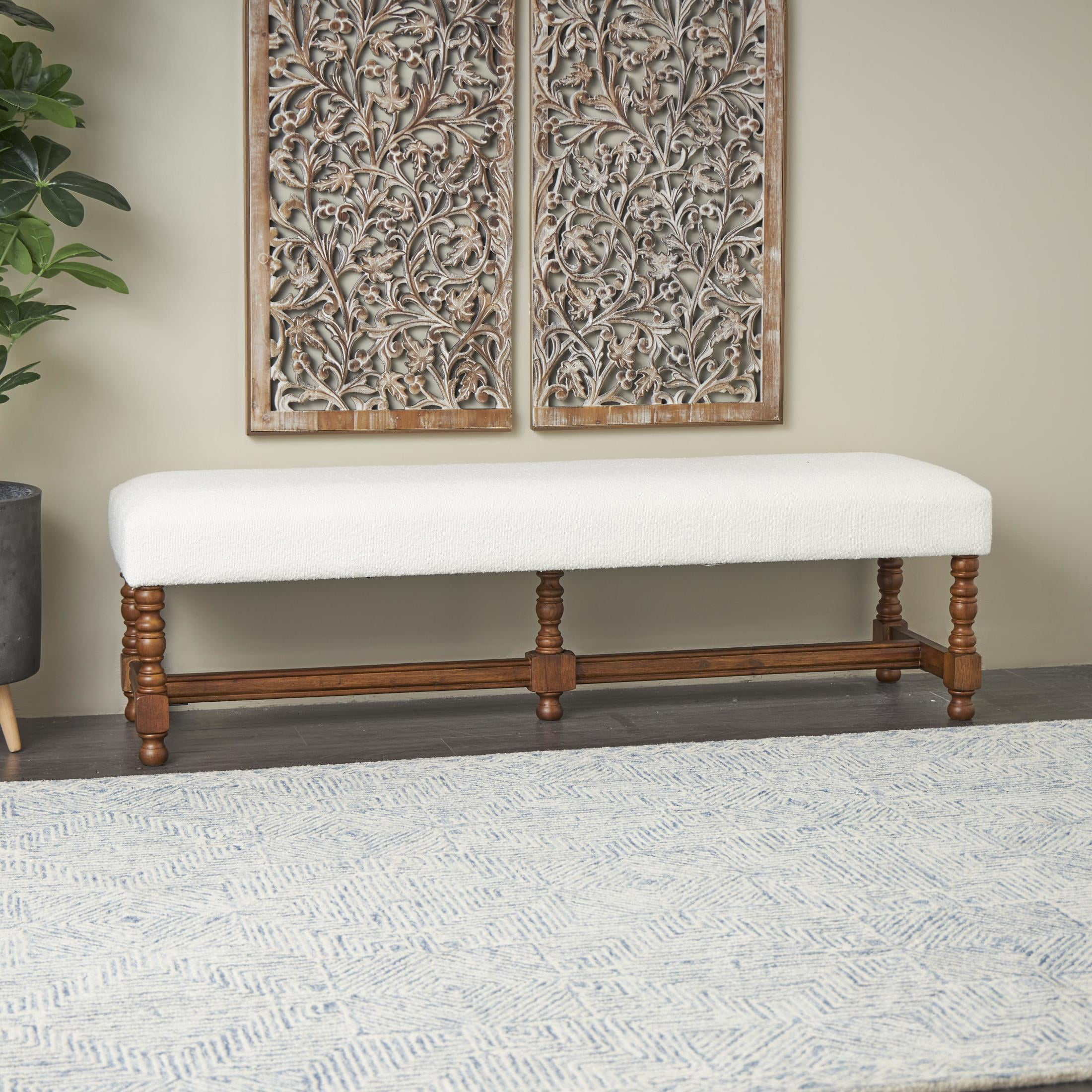 DecMode Fabric Bench with Brown Traditional Wood Turned Legs, Cream
