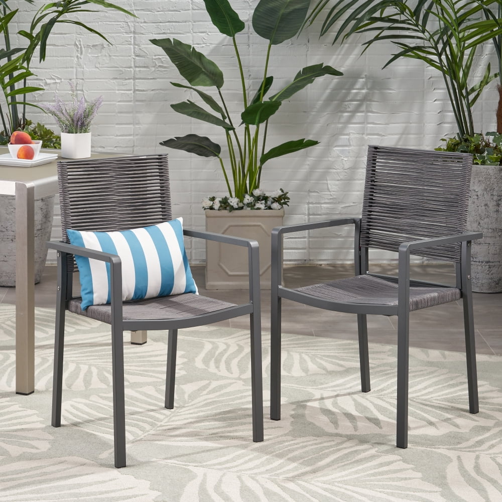 Set of 2 Gray Aluminum Outdoor Dining Chairs with Woven Rope Seat, Modern Patio Seating for Garden or Deck