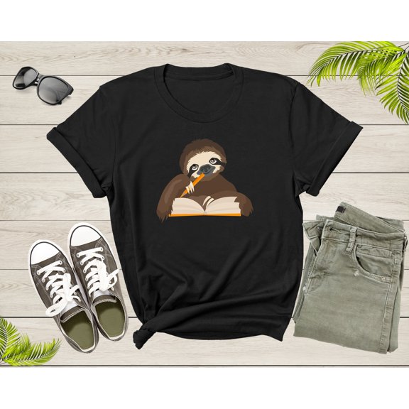 Happy Student Sloth Reading Writing Book Study Pencil Desk T-Shirt Reading Sloth Lover Gift T Shirt for Men Women Kids Boys Girls Tshirt