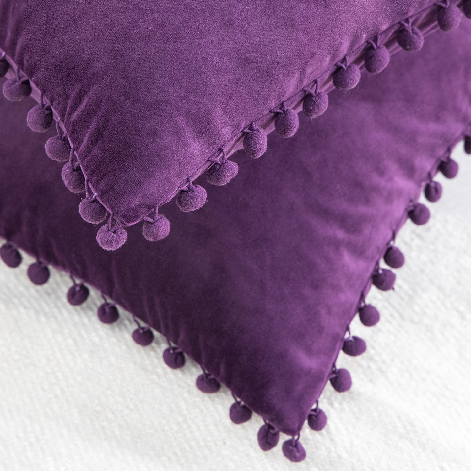 Phantoscope Pom Pom Velvet Series Decorative Throw Pillow, 12" x 20", Dark Purple, 2 Pack