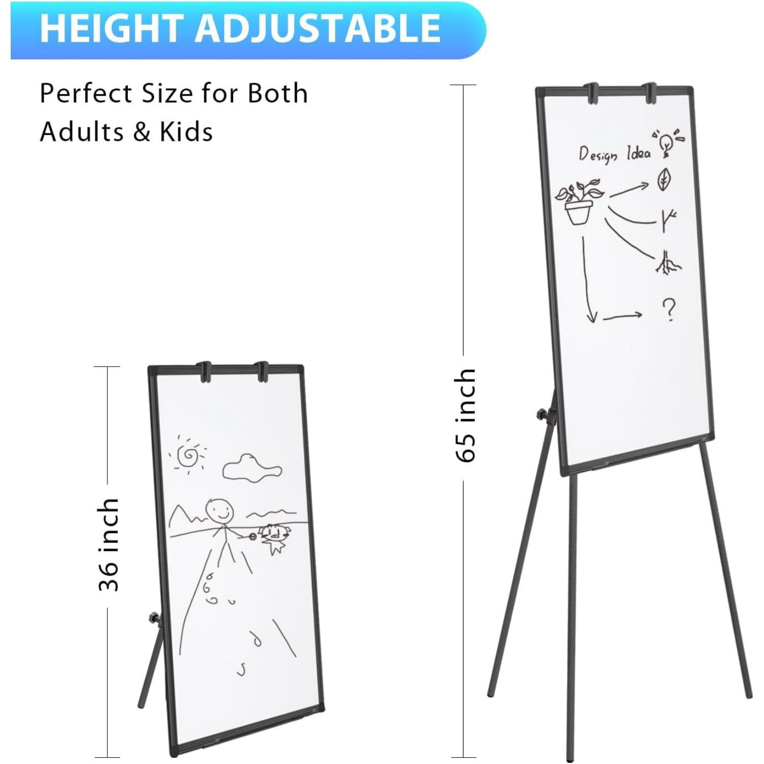 Easel Whiteboard - Magnetic Portable Dry Erase 36 x 24 Tripod Height Adjustable, 3' x 2' Flipchart Easel Stand White Board for Office or Teaching at Home & Classroom (36x24 White)