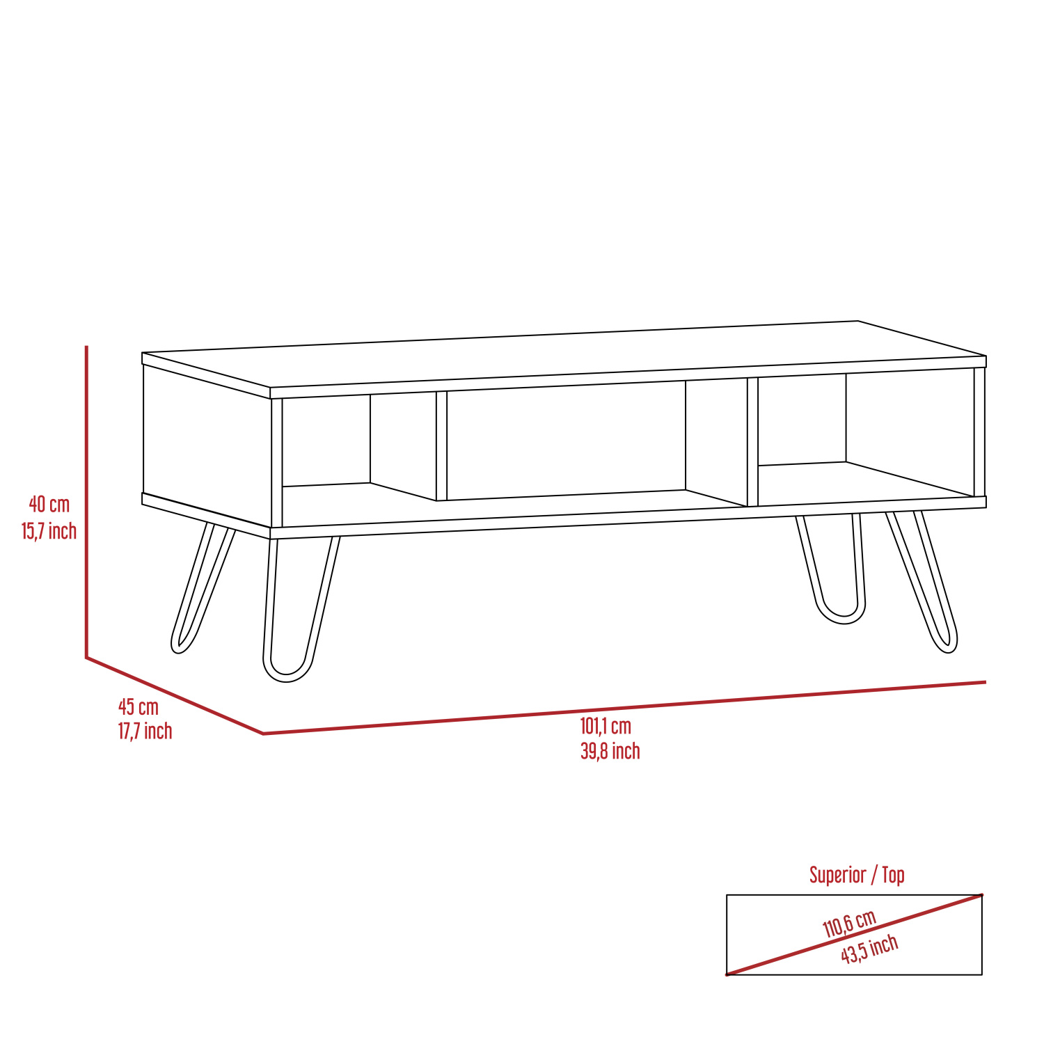 Modern Open Coffee Table, Two Shelves, Finish