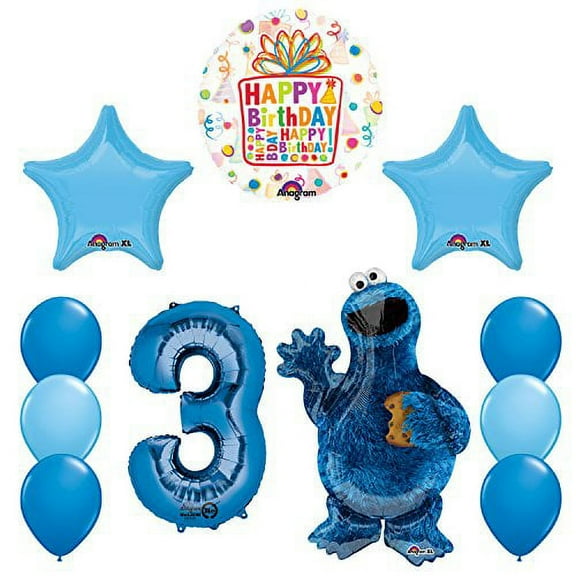 Sesame Street Cookie Monsters 3rd Birthday party supplies and Balloon Decorations
