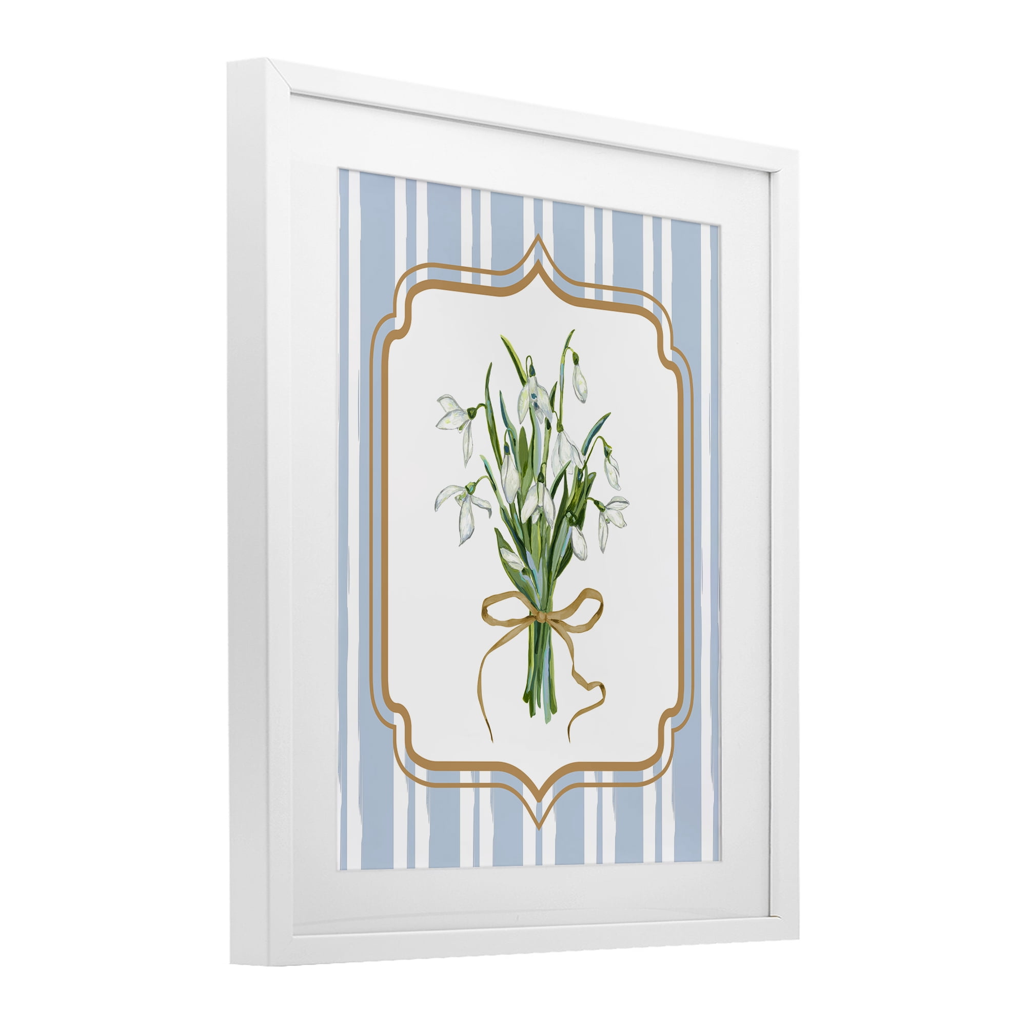 White Flower Bundle on Stripes White Framed Print Under Glass, design by Adonna Ebrahimi