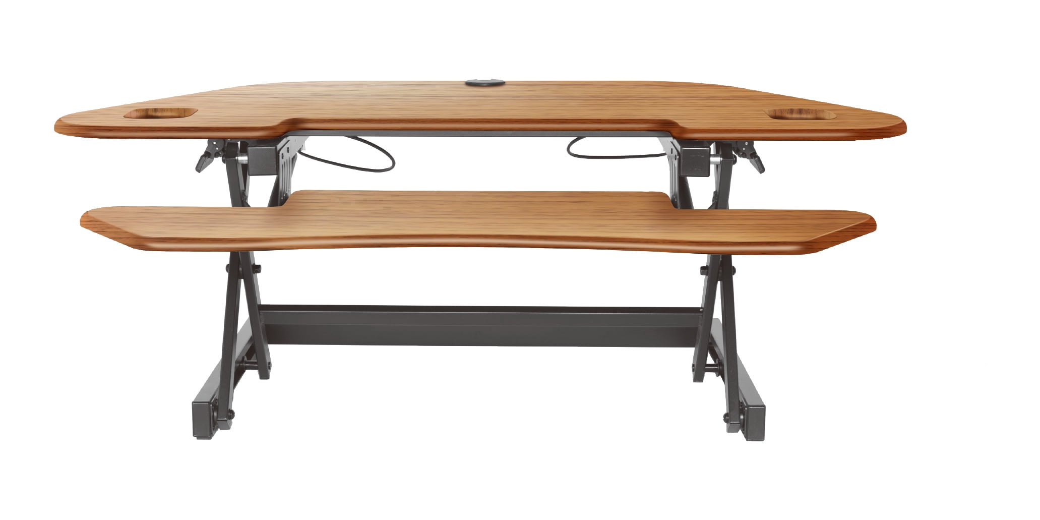 Rocelco 46" Large Height Adjustable Corner Standing Desk Converter, Quick Sit Stand Up Dual Monitor Riser, Gas Spring Assist Computer Workstation, Wide Keyboard Tray, Teak Wood Grain (R CADRT-46)