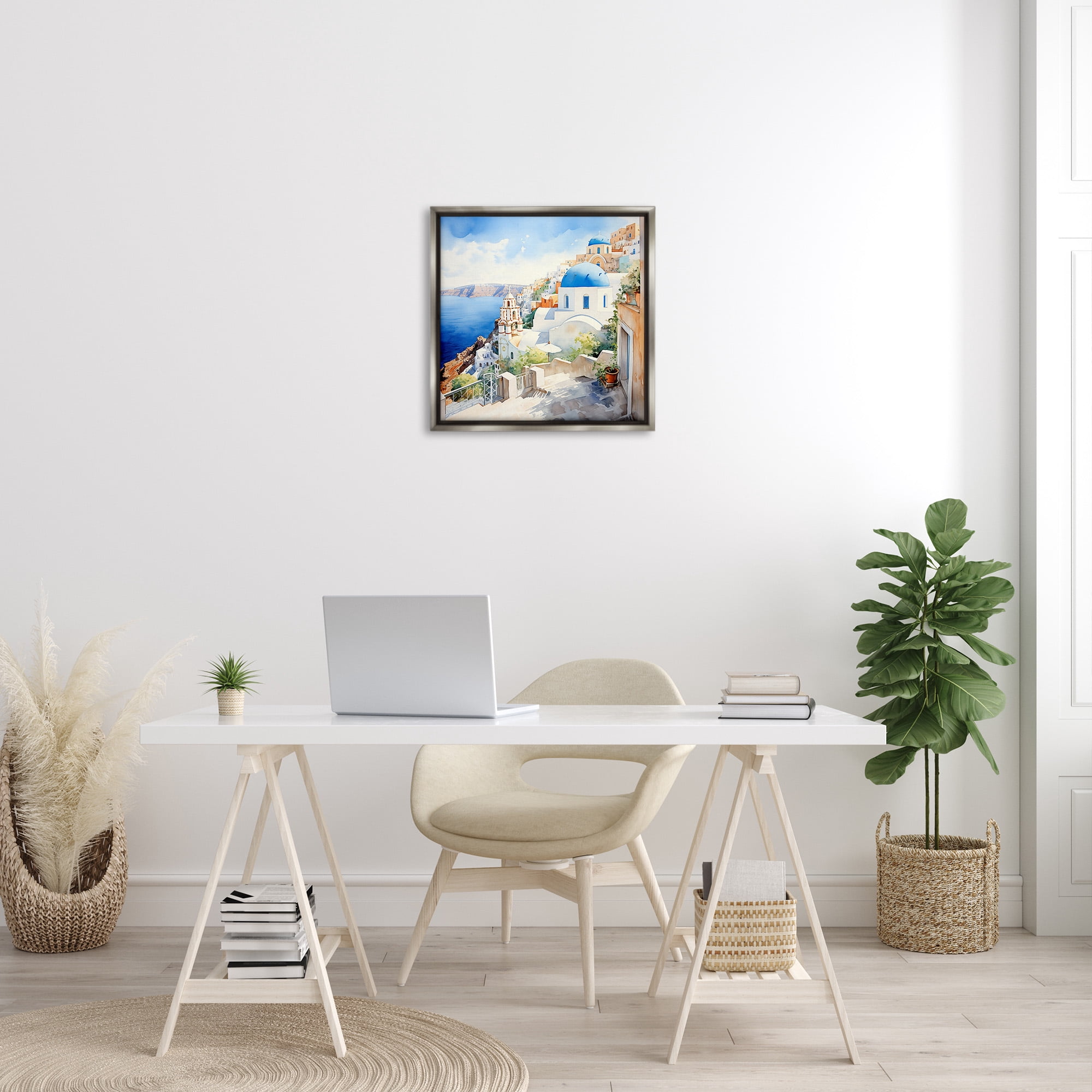 Stupell Industries Santorini City Landscape Travel & Places Painting Gray Floater Framed Canvas Art Print Wall Art, 25 x 25
