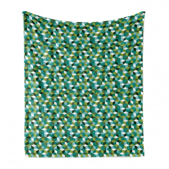 Abstract Soft Flannel Fleece Throw Blanket, Colored Cubes Design Modern Natural Shapes, Cozy Plush for Indoor and Outdoor Use, 60" x 80", Teal Hunter Green, by Ambesonne