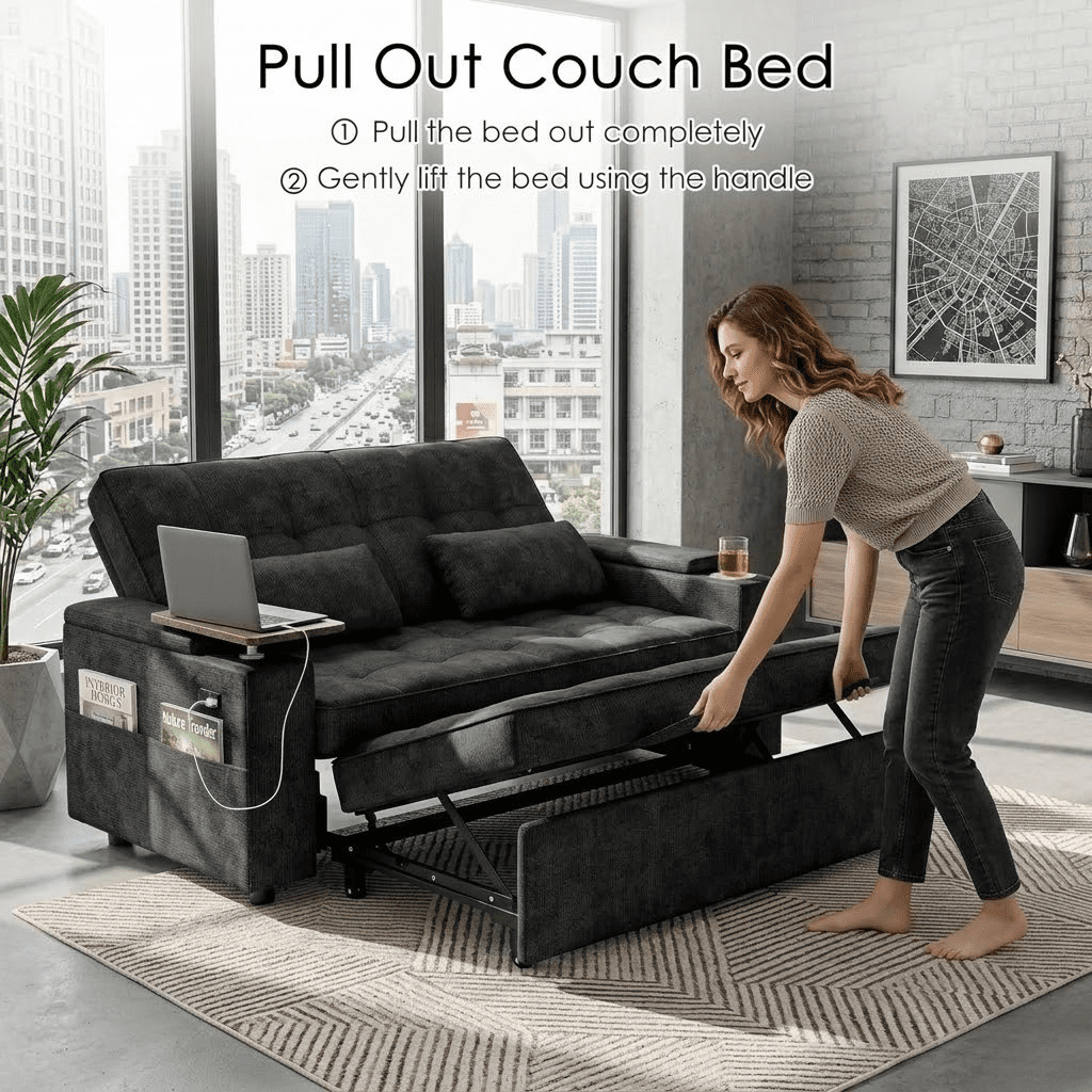 Howcool 65" Sleeper Sofa Bed, 3-in-1 Convertible Pull Out Couch Bed with Tray Table & Cup Holders, Chenille Loveseat Sofa with Adjustable Backrest for Living Room, Apartment(Black)