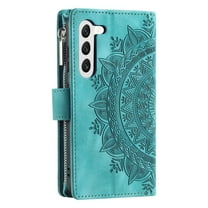 ShellTech Samsung Galaxy S23 Wallet Case for Women, Mandala Floral Embossed PU Leather Folio with Zipper, Magnetic Closure, Card Slots, and Wrist Strap,Green