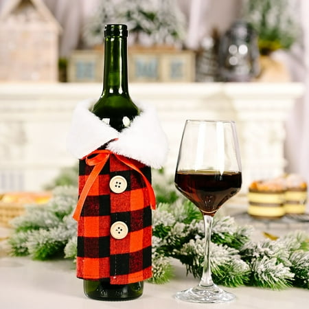 

KEUSN Christmas Decoration Lapel Plaid Wine Bottle Set Christmas Red And Black Plaid Wine Bottle Set Decoration
