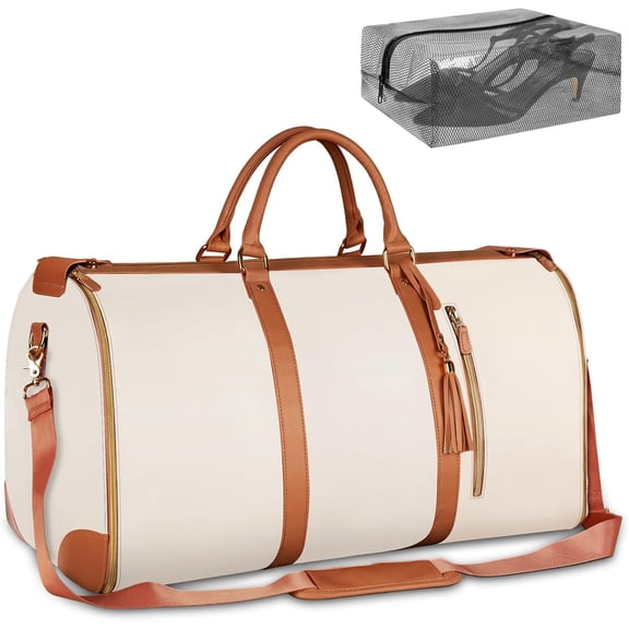 TBVBVYU 2 in 1 Convertible Garment Bag, Large Water Resistant Travel Duffle Bag with Shoe Pouch for Women, Carry On Hanging Suitcase, Beige