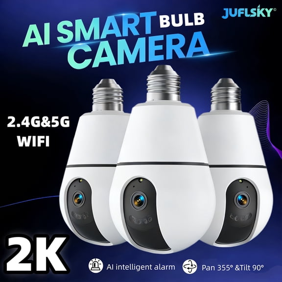 Smart Wireless Bulb Security Camera, 2K HD Indoor Home Monitoring with 360° Panoramic View, 2.4GHz/5G Wi-Fi, Full-Color Night Vision, Two-Way Audio, Auto Tracking, Alarm for Pet, Infant & El