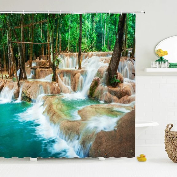 Waterfall Scenery Waterproof Shower Curtain Forest Trees Printed Bathroom Curtain Polyester Fabric Home Decor Bath Curtains