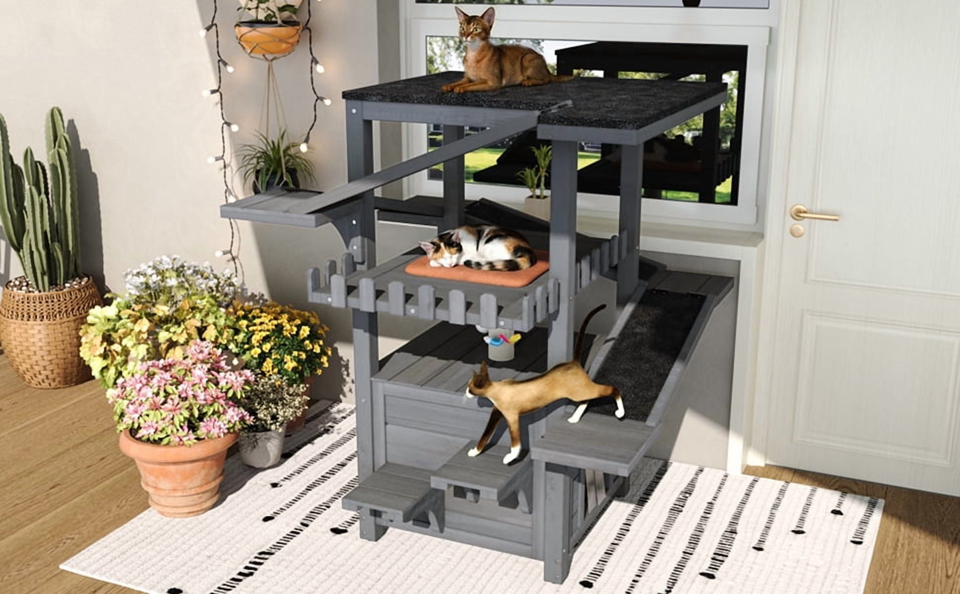 4 Tiers Outdoor Cat House Weatherproof Cat Tree Tower with Waterproof Roof and 2 Doors, Feral Cat Shelter Outside Enclosure, Multi-Level Play Zones with Balcony, for Small Animals, Grey