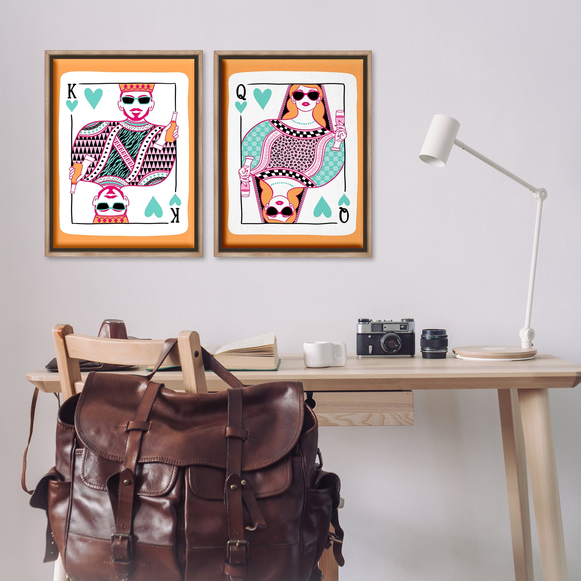 Stupell Industries King & Queen of Hearts Entertainment Painting Brown Floater Framed Canvas Art Print Wall Art, 21 x 31, Set of 2