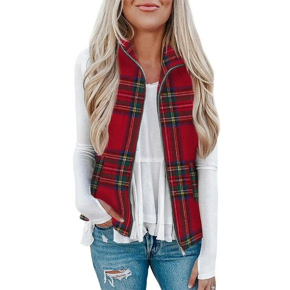 yardsong Fuzzy Sherpa Plaid Vest Women Winter Warm Sleeveless Zip Up Stand Collar with Pockets Red,S