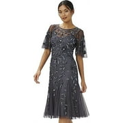 Adrianna Papell GUNMETAL Women's Beaded Mesh Cocktail Dress, US 16