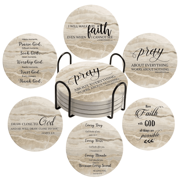 Coasters for Drinks with Bible Verses, Set of 6 Absorbent Christian Gifts Marble,Drinks Coasters with Holder