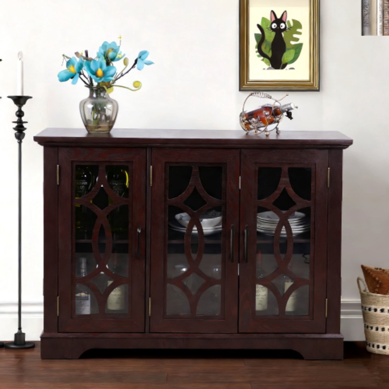 48.66" 3-Door Glass Sideboard Buffet Cabinet, MDF Storage Credenza with Adjustable Shelf, Tempered Glass Display Cabinet for Dining Room Kitchen Living Room, Ox Blood Red