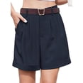thumbnail image 3 of Womens Casual Elastic Waist Wide Leg Suit Tailored Shorts Summer Work Shorts with Pockets Navy Blue XXL, 3 of 9
