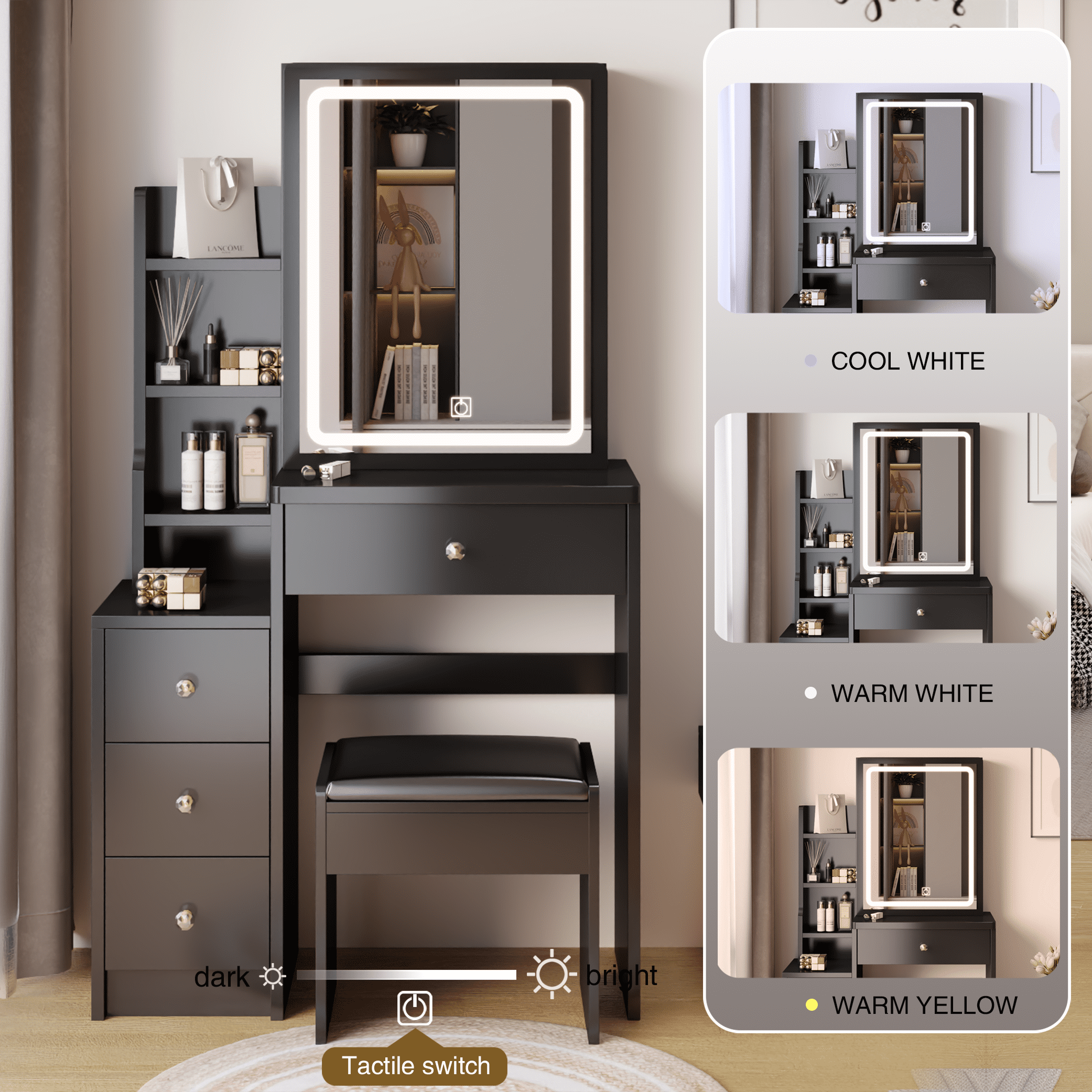 Resenkos Makeup Vanity Desk Set with Mirror and Lights and Cushioned Bench, 4 Drawers Storage Vanity Table for Bedroom, Black Resenkos Makeup Vanity Desk Set with Mirror and Lights and Cushioned Bench, 4 Drawers Storage Vanity Table for Bedroom, Black