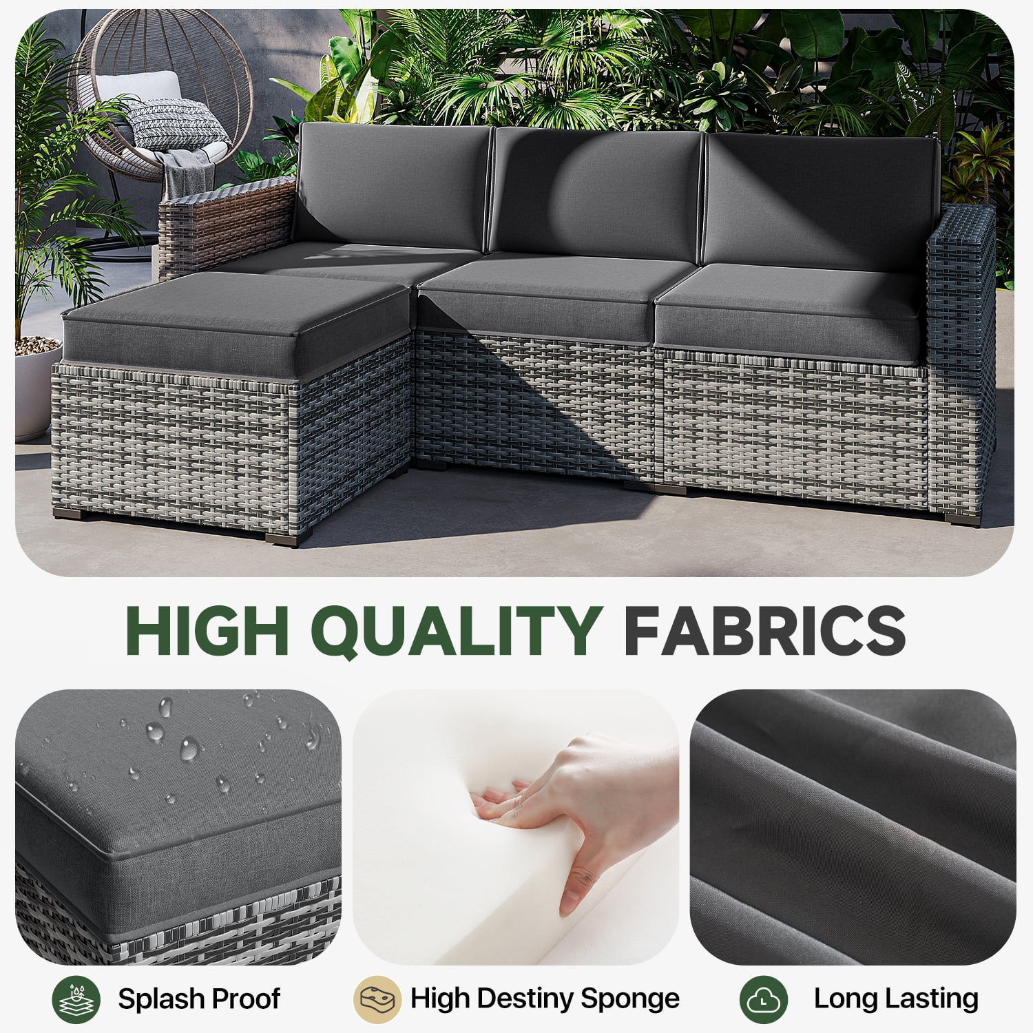 BaPiPro 4-Person Dark Gray Outdoor Sectional Sofa Cushions, Waterproof Polyester Patio Cushions with High-Density Sponge, No Assembly Required, for Backyard, Balcony, Deck, Poolside